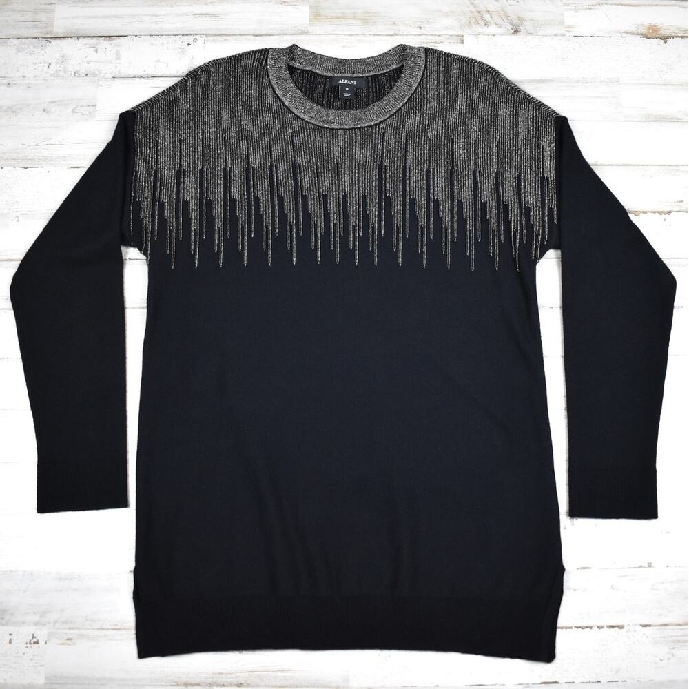 Alfani Sweater Womens Medium Black Metallic Gold Drip Knit Pullover Long Sleeve